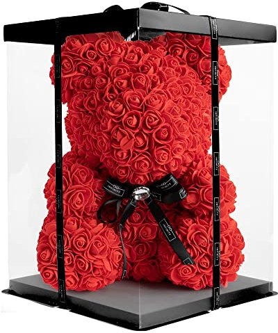 Infinity® Rosenbär 40cm mit Box & über 600 handbeklebten ewigen Rosen mit Duft - Geschenk für Frauen, zum Geburtstag oder Jahrestag (Rosen Teddybär Rot in 40cm)