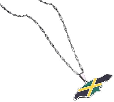 YUANYIRAN Afrika Jamaika Karte Anhänger Halskette – Öltropfen Karte Geometrie Ethnischer Stil Unisex Paar Schlüsselbeinkette Patriotische Flagge Hip Hop Charm Schmuck Für Modegeschenk,Silber,50Cm