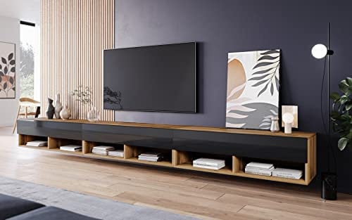 PIASKI Mueble de TV 300 cm LOWBOARD A, iluminación LED incluida, Mueble de televisor Grande, Mueble de televisión, Distintos Colores (Wotan/Negro)