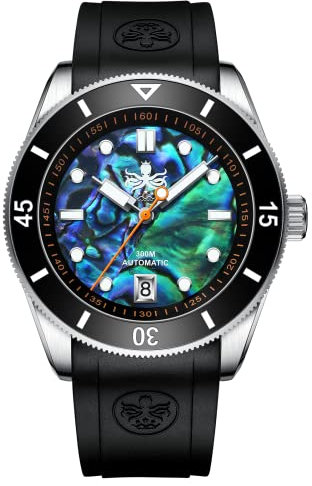 PHOIBOS Automatische Herren-Taucheruhr 300m mit Abalone-Muschel-Zifferblatt und Kautschukarmband Wave Master PY010ER