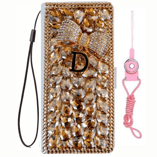 HFICY Schutzhülle für iPhone 14, mit 2 Glas-Displayschutzfolien für Frauen, glitzernde Diamanten, Leder-Filo-Schutzhülle und Umhängeband (Goldschleife D-Quaste)