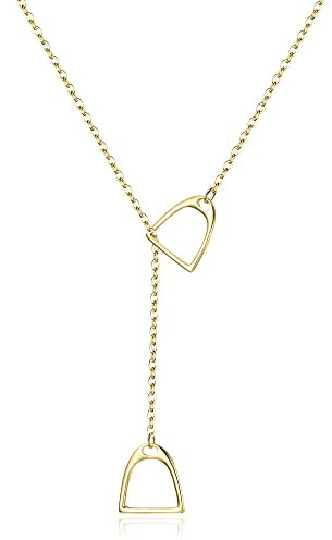 Clearine Steigbügel Halskette 925 Sterling Silber 14K vergoldete Pferd Anhänger Interlock Doppelter Stirrup Schmuck Geschenk für Damen Mädchen Tiere Liebhaber