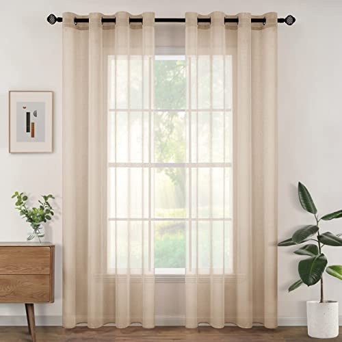 Woaboy Voile Gardinen Vorhänge Transparent Wohnzimmer mit Ösen Stores Gardinen Schlafzimmer Ösenvorhang Scheibengardine Schlaufengardinen Modern 2er Set 140x215 cm (B x H) Beige