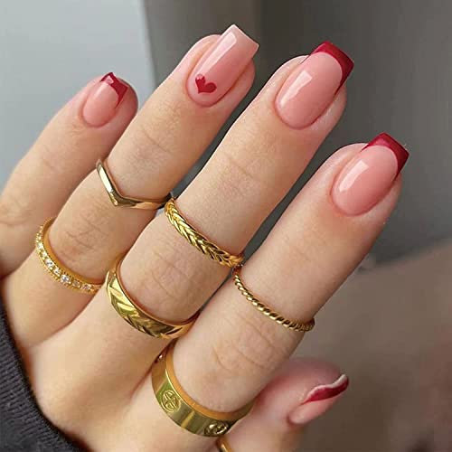 24Pcs Valentine's Day Short False Nails Square Fake Nails Love Heart Design Full Cover Red Acrylic Nails Press on Nails with Glue Stickers Stick on Nails for Women and Girls Nail Art