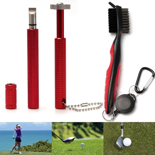 VANANA 3in1 Aluminium Golf Clean Tool Set, Golf Club Brush U V Blade Iron Wedge Club Groove Sharpener Cleaner for Golfer (Red)