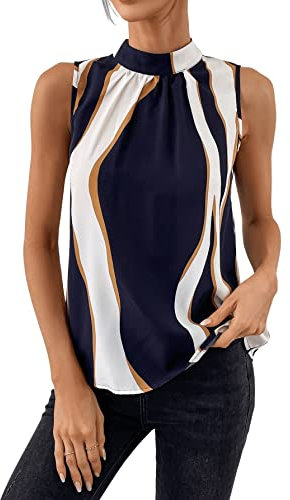 GORGLITTER Bluse Damen Elegant Oberteile Sommer Neckholder Top Farbblock Blusenshirt Mit Schleife Blusentops Ärmellos Business Outfit Marineblau M