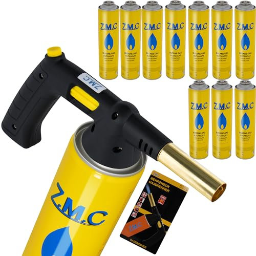 ZMC Gasbrenner 1,5 kW + 10 Gaskartuschen 330g, Flambierbrenner bis zu 1350°C, mit Piezo-Zündung, Bunsenbrenner Lötbrenner, Küchenbrenner mit einstellbare Flamme, Gasanzünder Brenneraufsatz für Camping