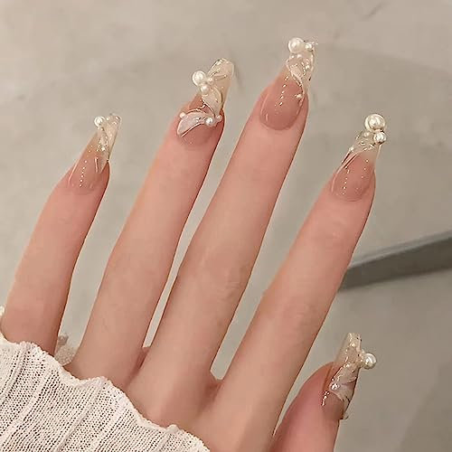 24PCS Long False Nails with Glue Stickers,Coffin Full Cover Acrylic and Press on Nails no Glue, Pink Pearl Silk French Fake Nails Stick for Women and Girls Nail Art