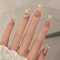 24PCS Long False Nails with Glue Stickers,Coffin Full Cover Acrylic and Press on Nails no Glue, Pink Pearl Silk French Fake Nails Stick for Women and Girls Nail Art