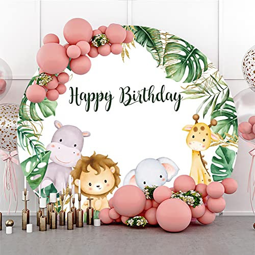 150cm Hintergrund Happy Birthday Runde Kulisse Abdeckung Cartoon Löwe Baby Elefant Hirsch Dschungel Tiere Fotografie Hintergrund Tropische Pflanzen Monester Palm Leaf Kreis Hintergrund