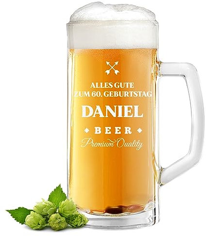 Bierglas mit personalisierter Gravur - Geschenk für Bierliebhaber - als Geschenkidee zum 60 Geburtstag, Jubiläum und Vatertag - mit Füllstrich - das spülmaschinenfeste Bierglas 0,5 Liter