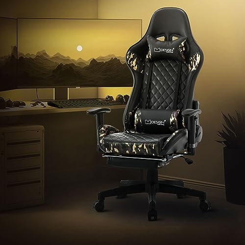 ML-Design Gaming Stuhl, Camouflage, Kunstleder, Ergonomischer Bürostuhl mit Fußstütze, Armlehne, Kopfstütze, Lendenkissen, Drehstuhl verstellbar, Hohe Rückenlehne, Racing Gamer Stuhl Schreibtischstuhl