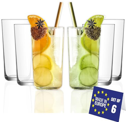 LAV Verres Longdrink de Luxe, Lot de 6, 490 ml, 100% SANS PLOMB Verres à Cocktail, Verres à Eau, Verres à Pinte, Verres à Boire, Lavables au Lave-vaisselle, Verres Highball, Verre Eau