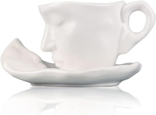 Hochwertige Keramik Tasse mit Gesicht I Kaffeetasse-Set mit Untertasse: Ideal für alle Kaffeeliebhaber I Mikrowellen- und Spülmaschinenfest in Elegantem Weiß & Schwarz (Weiß)