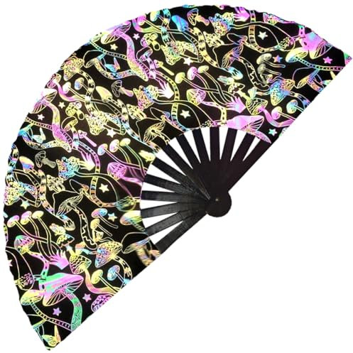 Plzoslly Reflective Rave Hand Fan Large Bamboo Folding Fan, UV Glow Folding Hand Fan Clack Hand Fan Men/Women Handheld Fan for EDM, Club, Festival, Concert, Dance, Disco, Carnival(Mushroom)