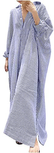Striped Maxi Dresses for Women Cotton Linen Shirt Dress Italian Kaftan Long Dress Button Down Oversized Beach Dresses Summer Loose Casual Holiday Dresses Lapel Long Sleeve Tunic Dresses Sky Blue