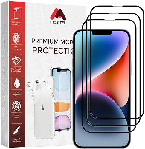 Mobitel 3-Pack Full Coverage Screen Protector for iPhone 13 Pro Max & iPhone 14 Plus, 6.7-inch 9H Hardness Tempered Glass Screen Protector, Anti-Water, Anti-Scratch, Bubble-Free Case Friendly