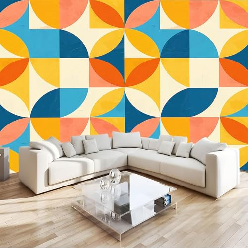 Papier Peint Intissé Photo Murale Orange Bleu Et Jaune Rétro Géométrique Toison Salon Chambre à Coucherr Salle - Muraux Tapisserie Photo - Collage Géométrique 150 x 105 cm