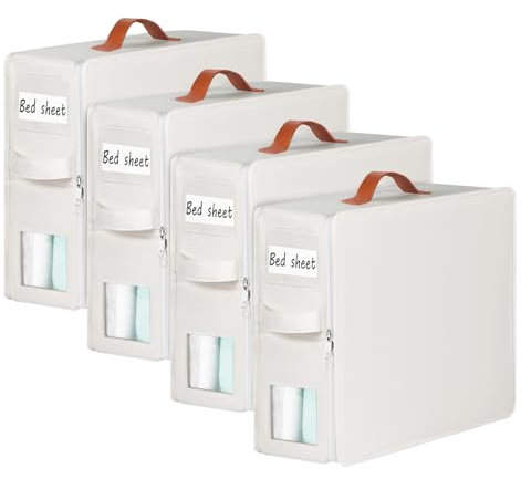 Syeeiex Bed Sheet Organiser and Storage, Foldable Linen Bedding Organiser With Zips and Clear PVC Window, Closet Bedding storage box for King Queen Size Sheet, Duvet Covers Set and Pillowcase, Beige