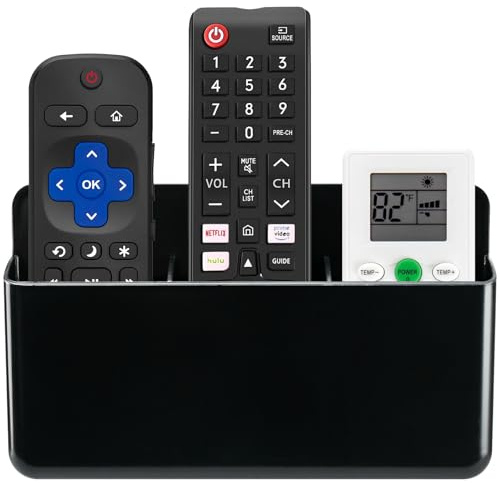 Adjustable Remote Control Holder Wall Mount, TV Remote Caddy Box Hollow Bottom Slot Easy Phone Charging, Self Adhesive Remote Holder,Wall Pen Holder Storage Accessories for Home Office School (Black)