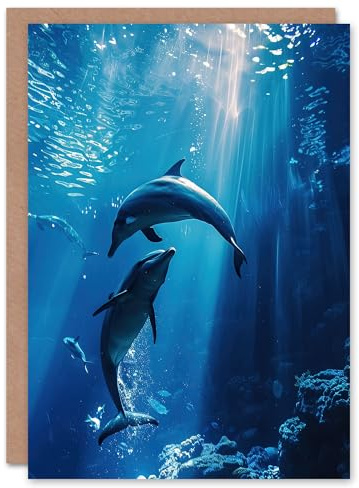 Artery8 Greeting Card Majestic Dolphins Marine Life Underwater Seascape Blank For Him Or Her Art Birthday Card