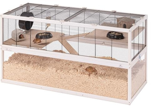 Ferplast Gabbia per Criceti DOMSTER, Gabbia per Topolini, 3 Piani, Con Accessori, Piattaforme e Scalette, Metallo Verniciato e Legno FSC, Base Trasparente, Gabbia Legno Criceto 120 x 50 x h 66,5 cm,