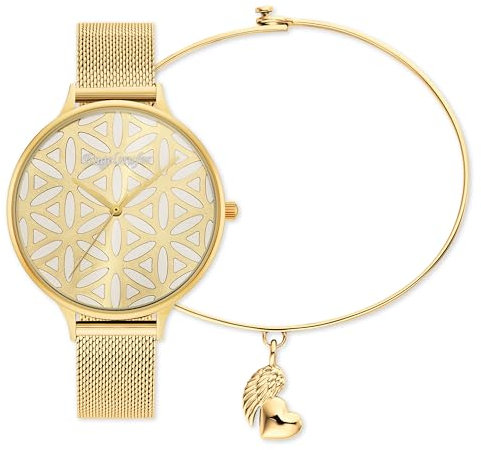 Engelsrufer Damenuhr Gold mit Lebensblume & Mesh-Armband + Passender Armreif mit Herz- und Flügel-Anhänger – Stilvolle Kombination aus Edelstahl & 925er Silber