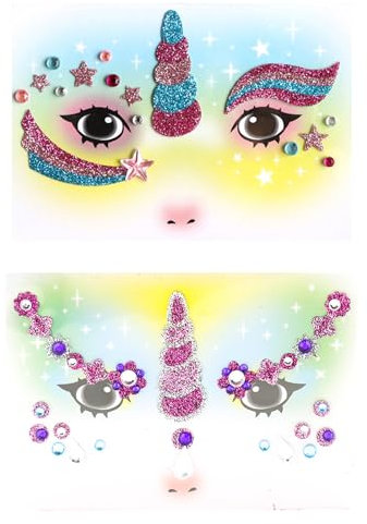 LEMONSTONE Einhorn Gesichtstattoo Karneval,2 Stück Einhorn Tattoo Gesicht Einhorn Face Art Sticker,Einhorn Schminke,Einhorn Glitzer Aufkleber Gesicht Karneval,Temporäre Tattoos Einhorn Face Sticker