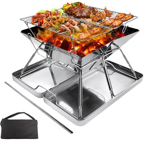 Hanviter Portable Fire Pit for Camping: Collapsible Stainless Steel Grill with iron Carry box, BBQ Camping stove for Picnics, Barbecue, Bonfire, Patio, Backyard, Garden Outdoor