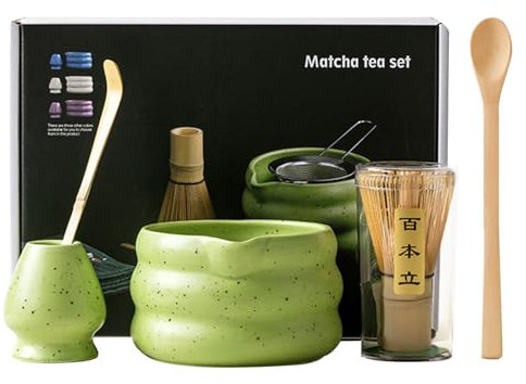 Matcha Tea Set with Whisk and Bowl, Matcha Whisk and Ceramic Whisk Holder Set of 5 Matcha Kit for Ceremony(Green)