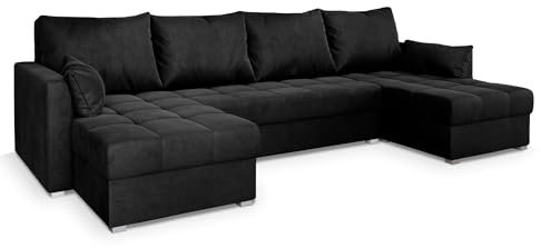 Masseno Ecksofa NAKO M mit Schlaffunktion U-Form, Sofa mit Bettkasten, Wohnzimmersofa, Couch, Soffa, Bettsofa, Couchgarnitur- Schwarz, Monolith 95