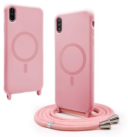 BGHHEU Magnetica Cover per iPhone XS/iPhone X con Cordino,[Compatible con Magsafe],Custodia Silicone con Regolabile Collana Sottile Morbida Case,Rosa
