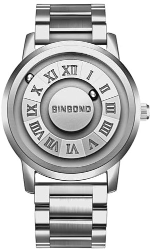 JewelryWe Herrenuhr Edelstahl Magnet Uhr: 30m Wasserdicht Kein Glas Kugellager Analog Quarz Armbanduhr Herren Silber Edelstahlarmband Spiegellose Magnetschwebe-Kugeluhr mit Römische Ziffern