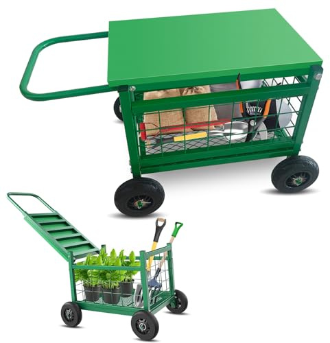 Sedile da Giardino con Ruote e Cuscino, Sgabelli da Giardinaggio con Ruote, Carrello da Giardino con Maniglia e Cestino Portaoggetti Adatto Agli Anziani