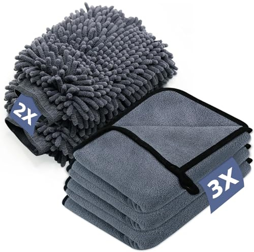 EOPUOZS Kit Pulizia Auto, con 3 Pezzi Panno Microfibra e 2 Pezzi Guanto Lavaggio a Doppia Faccia, 600GSM Panno Asciugatura Pulizia, Super Assorbenti, per Cura Auto Moto, 40 x 30 cm