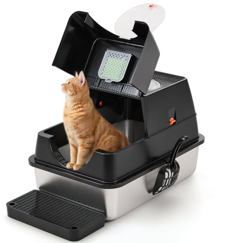 The Fellie Stainless Steel Cat Litter Box, Cat Litter Tray with Lid, Kitten Litter Tray with Top Entry, Large Litterbox, Detachable, Easy Cleaning&Odor Control, with Filter, Scoop&Mat, Black