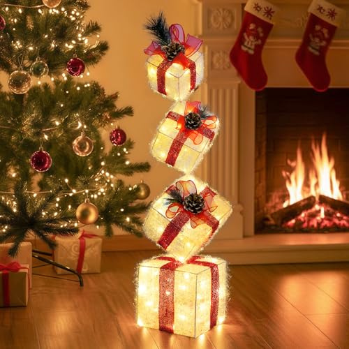 FormiPow 4 Set LED Geschenkbox, Weihnachten Dekoboxen mit 80 Warmweiße LEDs innen, Weihnachtsdeko mit Timing-Funktion und 8 Leuchtmodus, Beleuchte Geschenkbox mit Red Bänder für Weihnachtsbaum/Fenster