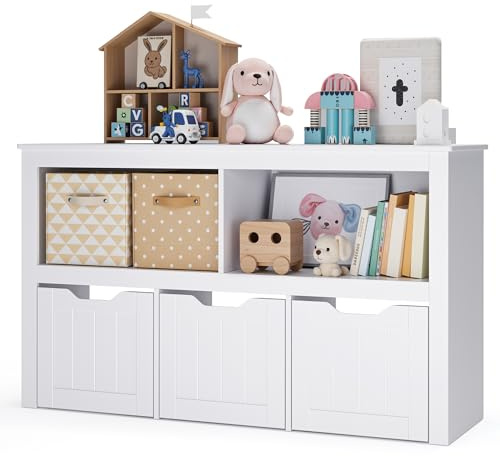 Blishom Kinderregal, Spielzeugschrank, Kinderschrank mit Rollen, Spielzeugregal mit 3 Boxen, für Wohnzimmer, Schlafzimmer und Kinderzimmer, 102 x 30 x 60 cm, Weiß