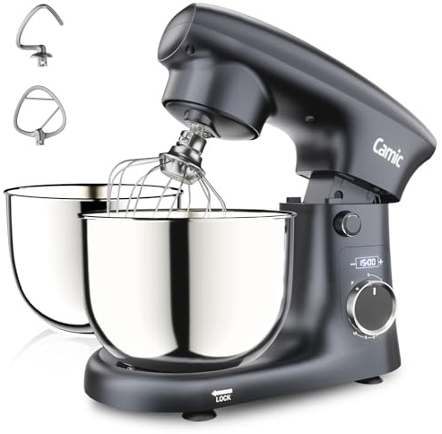 Camic Küchenmaschine mit LED-Display, Zeit Einstellen, Knetmaschine mit Rührhaken, Knethaken, Schlagbesen, 10 Stufen, 2 Edelstahlschüsseln 4L+5L, für Teig, Brot, Pizza, Kuchen