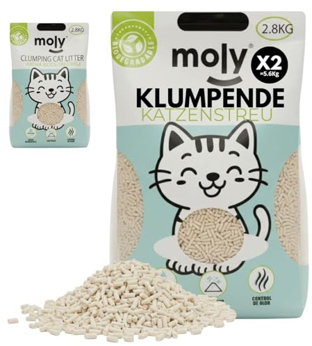 MOLY Tofu natürlicher ökologischer Katzenstreu, 5,6 kg, 7,4 l, biologisch abbaubarer Pflanzensand, Mais und Bambus, hohe Saugfähigkeit, staubfrei, kompostierbares Mineraldeck
