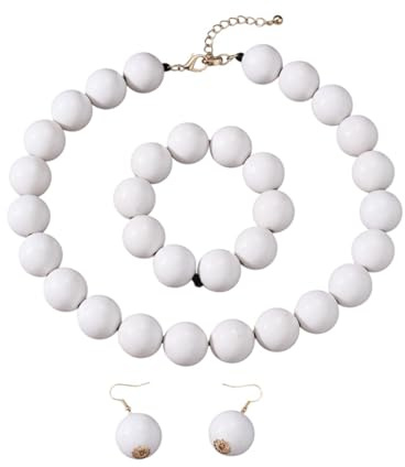 meberg Karma NH11265798 Xl Statement Schmuckset Ohrringe, Armband & Kette Bunt Perlen Acryl Damen Halskette 50 cm moderner Schmuck Damenschmuckset Kette Geschenk für Sie Sommerschmuck (Weiß)