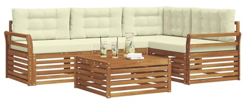 vidaXL Outdoor-Sofagarnitur mit Kissen 5 pcs Natur und Creme, Outdoor-Sofa, Gartensofa, langlebige Möbel, modernes Terrassen-Set, gemütliche Lounge-Ecke