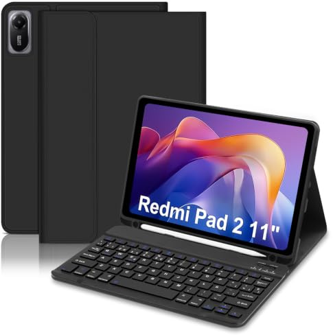 Funda con Teclado para Xiaomi Redmi Pad 2 / Pad SE 11 2023, Teclado Bluetooth Magnético con Español Ñ, Funda Protectora para Teclado Extraíble con Portalápices para Xiaomi Redmi Pad 2 11 2025 Negro