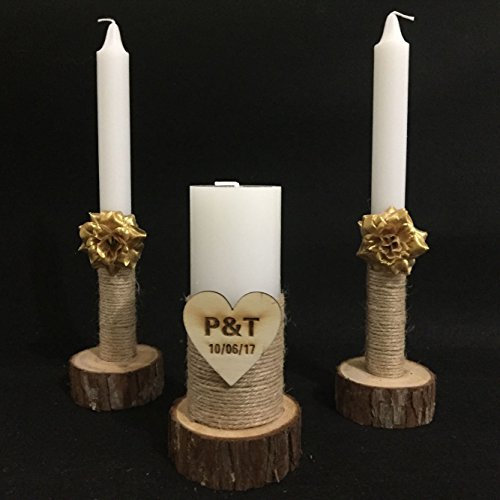 mylifemylove Rustikale Hochzeitskerzen mit Holzkerzenhalter, personalisierbare Hochzeitskerzen mit Sonnenblume, rustikale Hochzeitskerzen (goldene Blume)