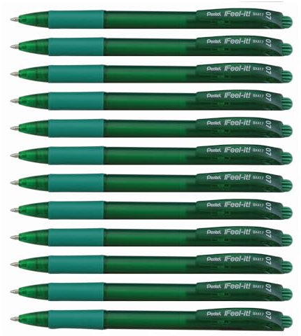 Pentel BX417-D Feel-It Kugelschreiber, einziehbar, feine Spitze, Grün, 12 Stück