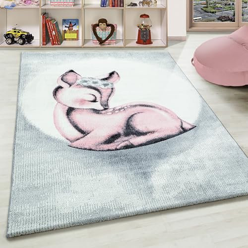 Teppium Kinderteppich für Mädchen und Jungen Rehkitz Design 120 cm Rund Pink - Waschbarer Teppich Weich, Pflegeleicht und Antiallergen - Teppich für Kinderzimmer, Babyzimmer und Spielzimmer