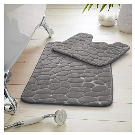 FAIRWAYUK Pebbles Bath Mats Non Slip, Memory Foam 2 Piece Soft Rubber Pedestal Bathroom Shower Toilet Rugs, Water Resistant, Machine Washable, 50x80cm (Grey)