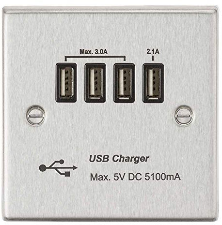 Knightsbridge CSQUADBC Quad USB Charger Outlet, Brushed Chrome with Black Insert, 5.1 A