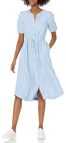 Amazon Essentials Women's Relaxed Fit Half-Sleeve Waisted Midi A-Line Dress, Blue White French Stripes, M