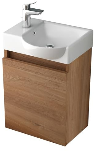 Alpenberger Gäste WC Waschbecken mit Unterschrank | Kleines Badmöbel 45 cm Breit | Waschtisch mit Waschbeckenunterschrank (Bamboo, Waschbecken - Rechte Seite)